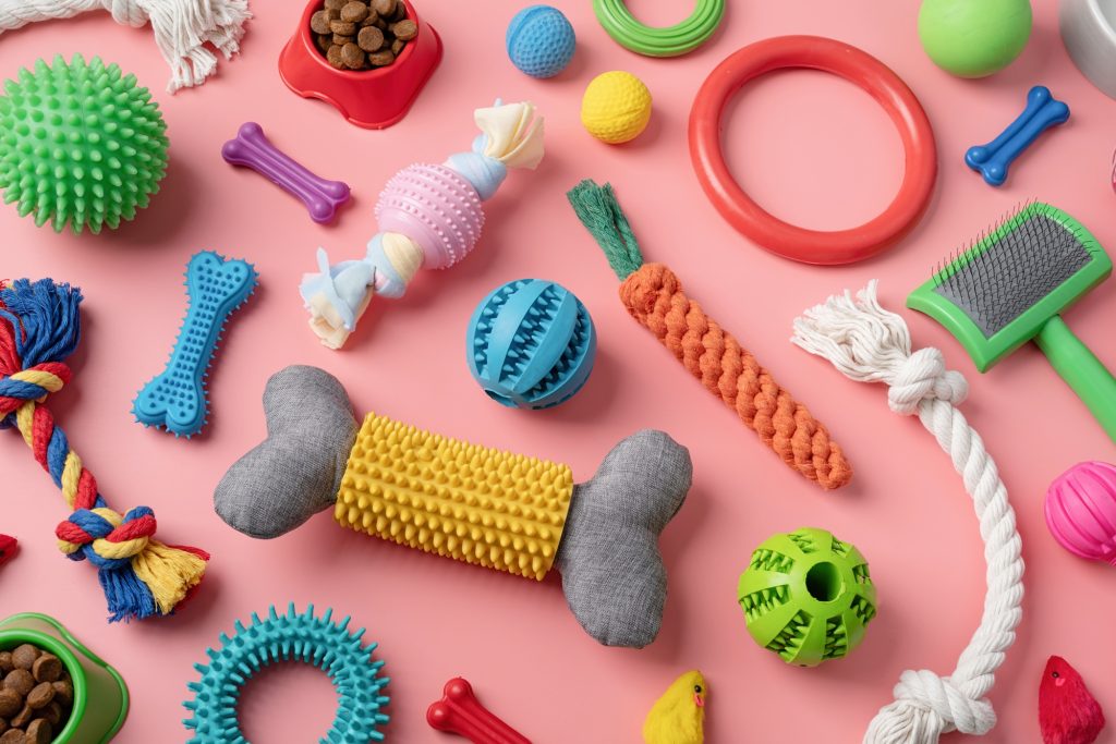 Pet care concept, various pet accessories and tools on pink background, flat lay